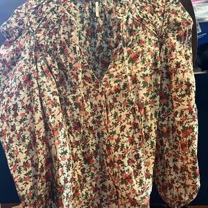 Free People Relaxed Pink and Red Ruffled Blouse